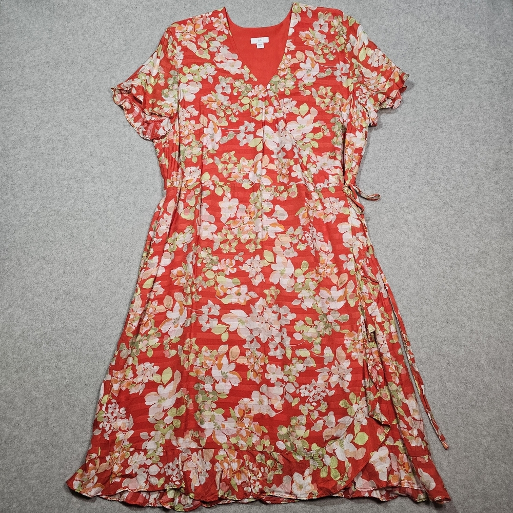 J. Jill Floral Wrap Midi Dress Womens Size Large Tall Ruffle Hem Red White Green